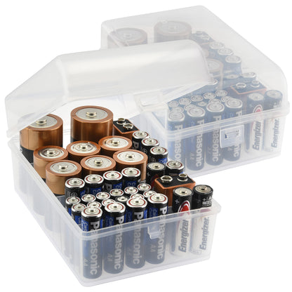 GlossyEnd Set of 2, 37 Slot Multi Battery Storage Box, Battery Storage Case, Battery Holder, Stores: 15 AA Batteries, 12 AAA Batteries, 6 C Batteries, 2 D Batteries and 2 9V Batteries, Clear