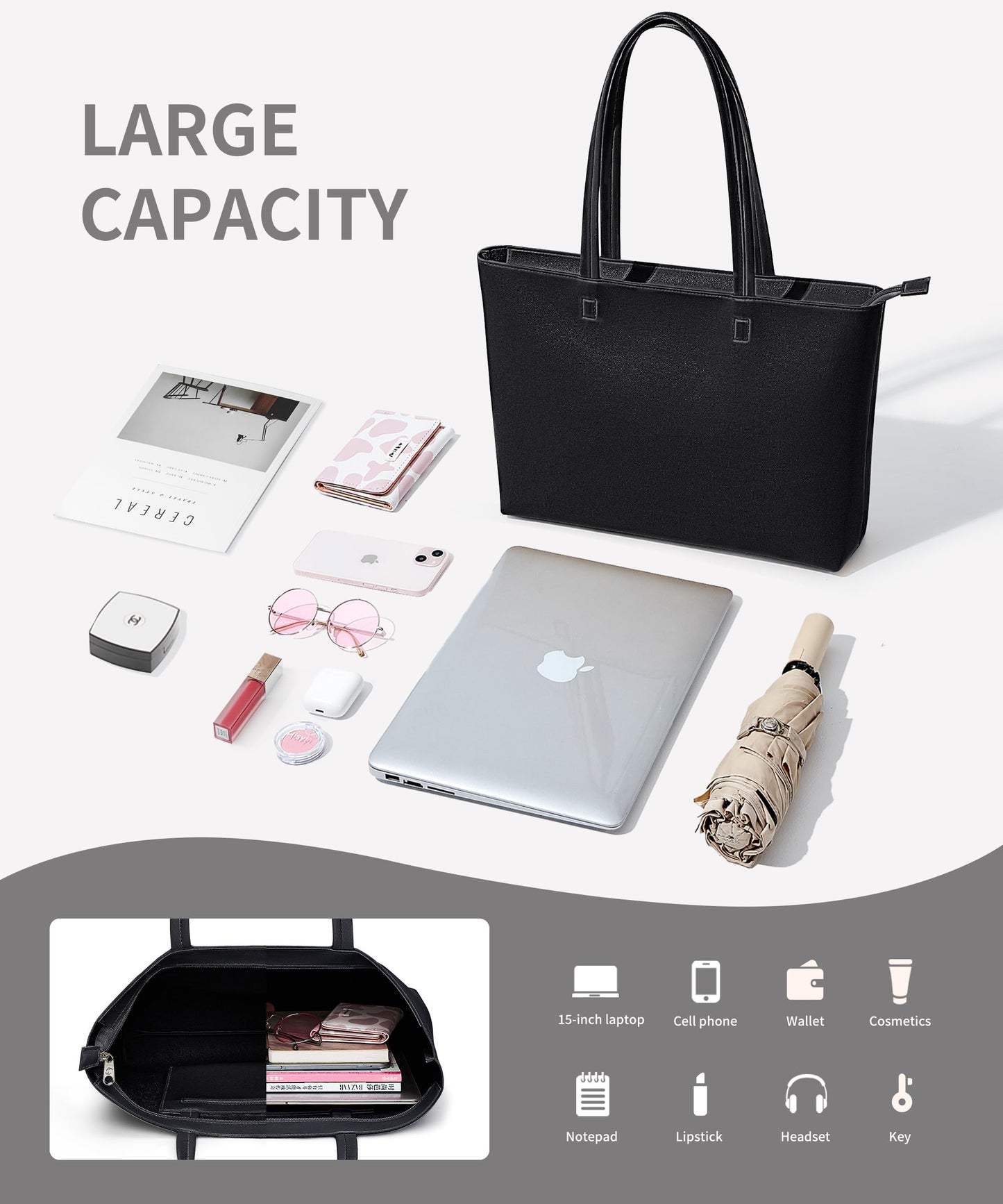 KALIDI Tote Bag Handbags for Women Large shoulder bag with Zipper Waterproof PU Women's Totes Ladies Bag for Work School Travel Daily Use (Black)