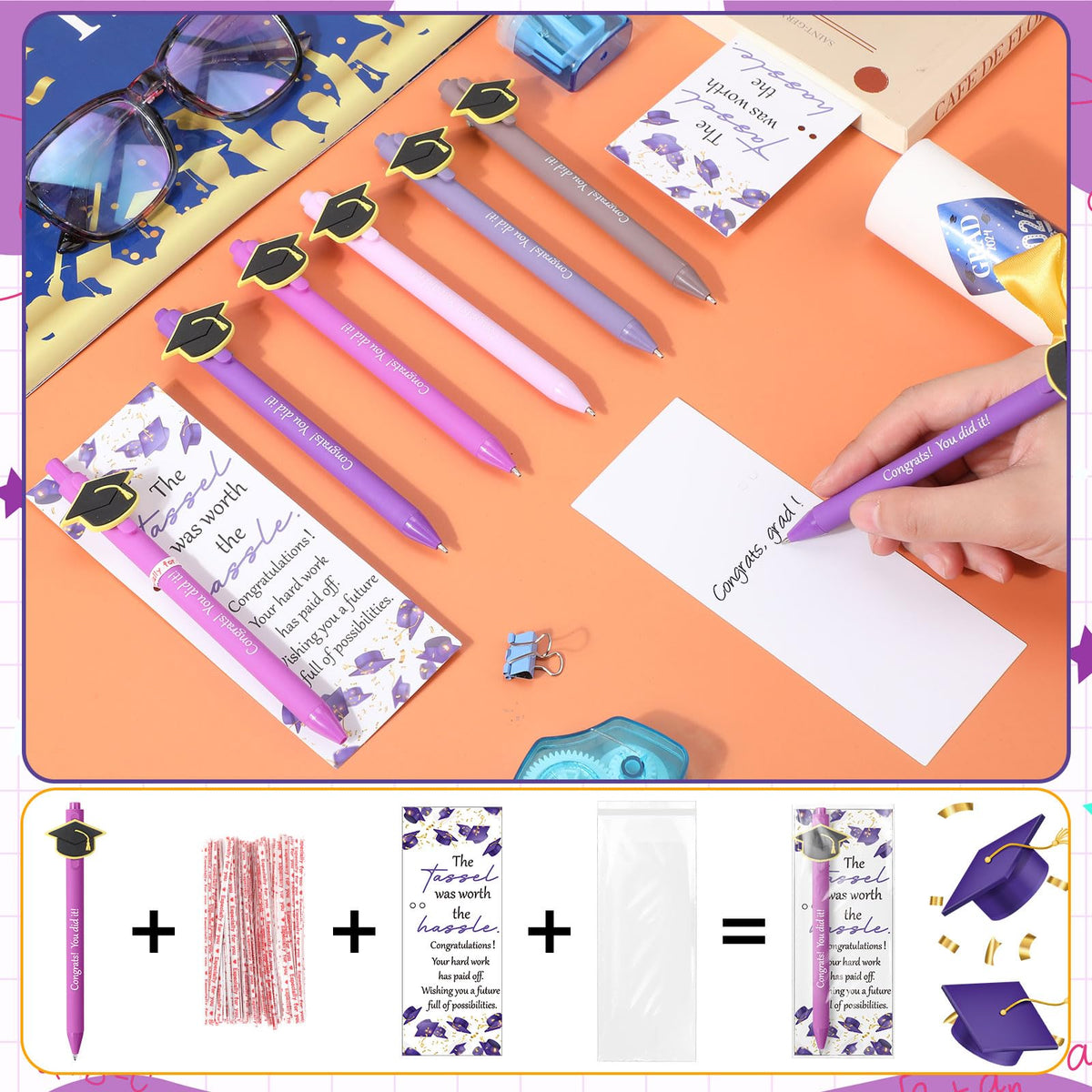 MotiMind 50 Sets Graduation Gifts Class of 2026 Bulk Graduation Party Favor Cap Ballpoint Pen With Motivational Greeting Cards Party Favors for University College Middle High School (Purple)
