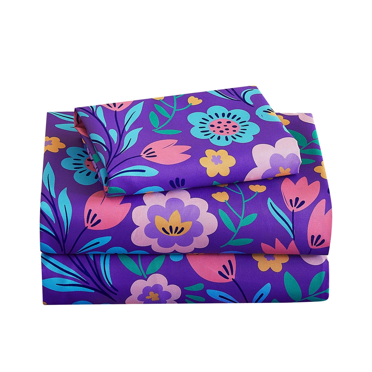 Softan Kids Bed Sheet Set, 3-Piece Twin Sheets Set, Microfiber Fitted Sheet with Corner Straps, Breathable & Silky Soft Purple Flower Butterfly Pattern Sheet and Pillowcase Sets