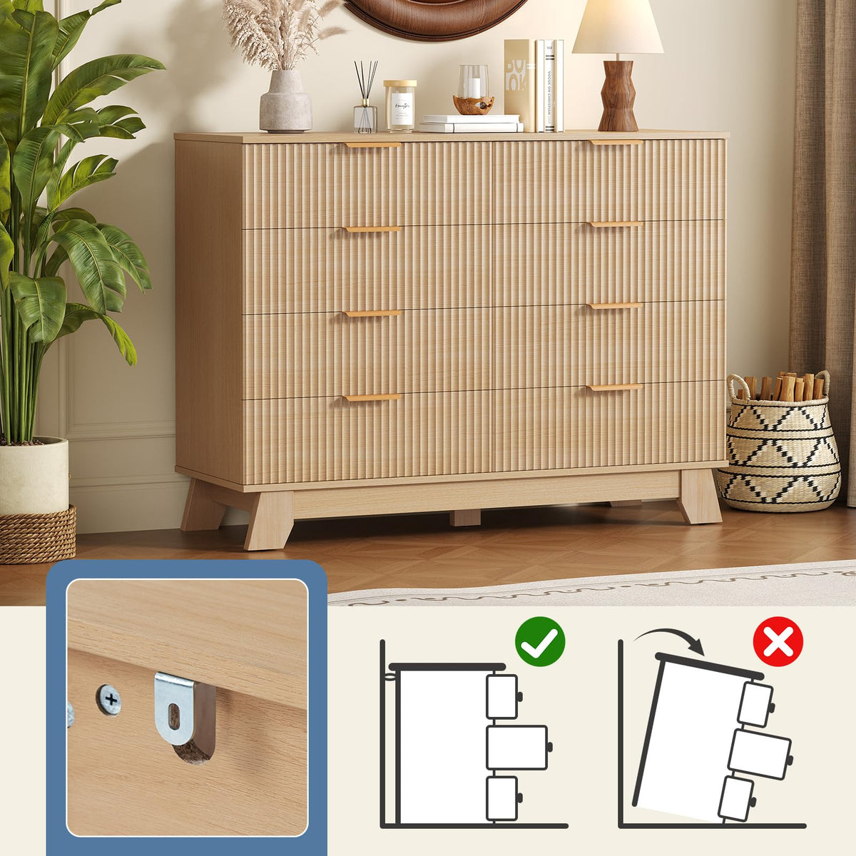 DUMOS Fluted 8 Drawer Dresser for Bedroom, 43.3" Wide Modern Chest of Drawers with Gold Metal Handles, Wooden Dresser TV Stand, Storage Organizer Unit for Living Room, Hallway, Natural Oak