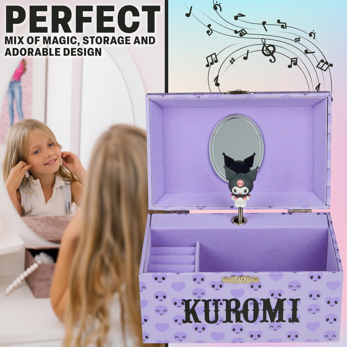 Hello Kitty Sanrio Kuromi Musical Jewelry Box for Girls Teens Women Kawaii Wind Up Music Box Jewelry Organizer Ring Holder Gifts for Women (Purple Kuromi)