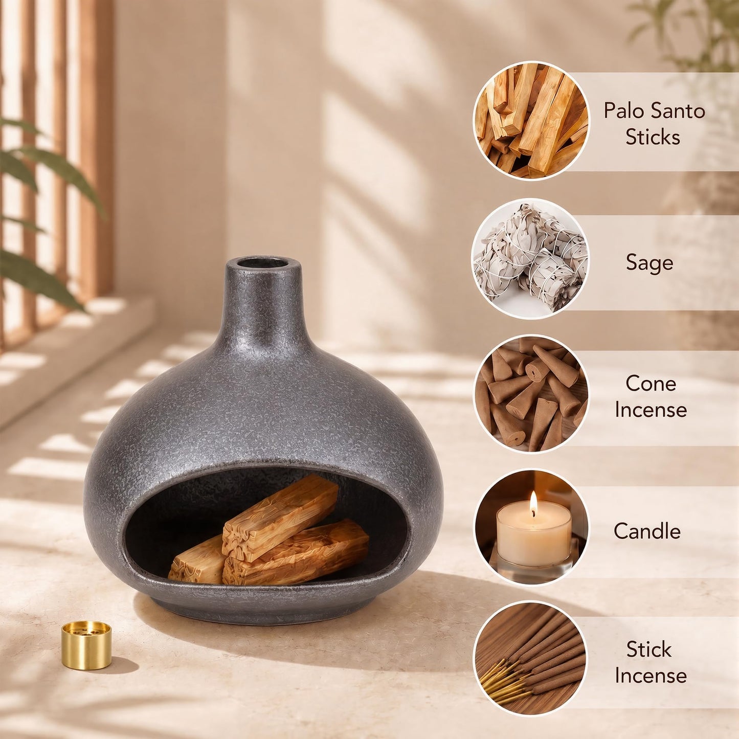 TimberAura Palo Santo Holder, Mini Ceramic Chiminea Incense Burner for Sage, Cones and Sticks, Small Zen Decor Tabletop Ash Catcher for Yoga and Meditation Room (Black)