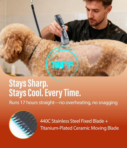 Professional Dog Grooming Clippers with 17H Runtime & Replaceable 440C Blade, 5-Speed Low Noise Electric Dog Shaver for Thick, Matted, Curly Hair, Cordless Clipper for Groomer & Home Use, Orange