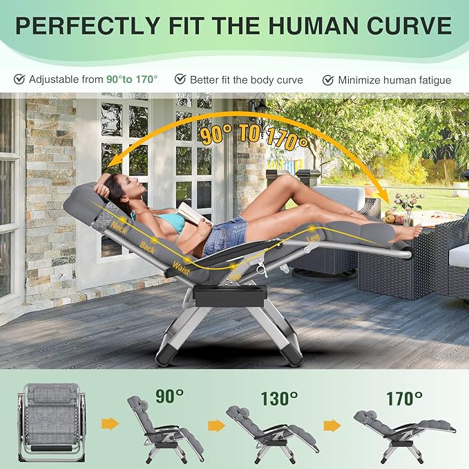 Suteck Oversized Zero Gravity Chair, 29In XL Outdoor Recliner Chair w/Removable Cushion&Headrest, Camping Lounge Chair w/Upgraded Lock&Footrest, Reclining Patio Chairs for Indoor Outdoor,500LBS