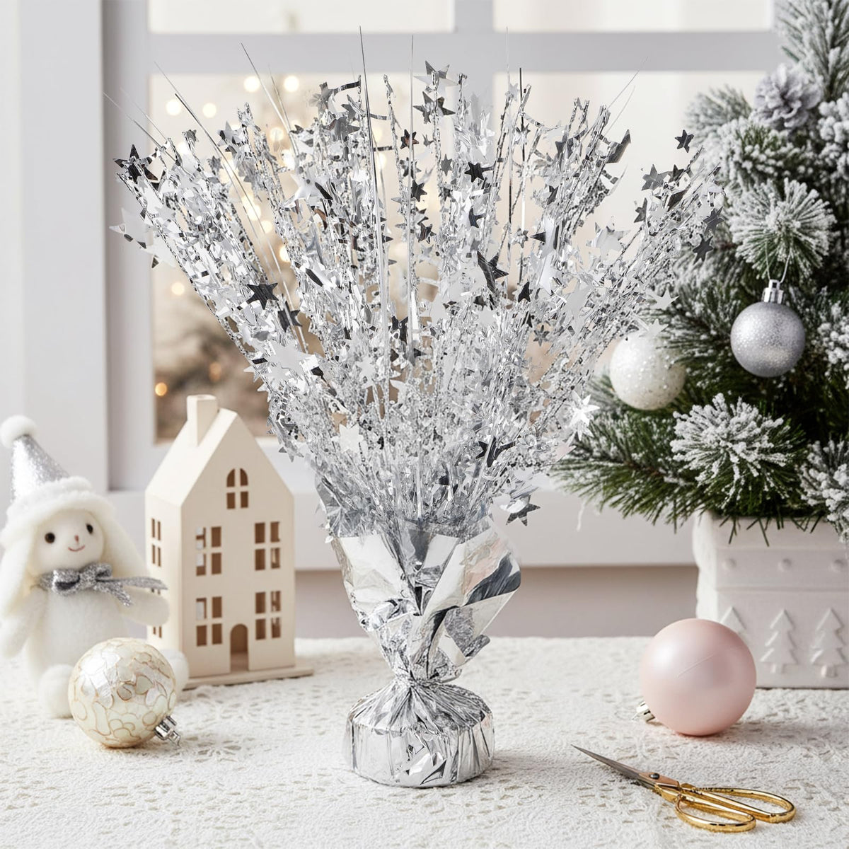 ZOOFOX 12 Pack Metallic Foil Spray Centerpiece, Glitter Silver Star Table Decoration, Burst Table Centerpieces for Birthday Wedding Anniversary Christmas Party Supplies Decor, Freestanding