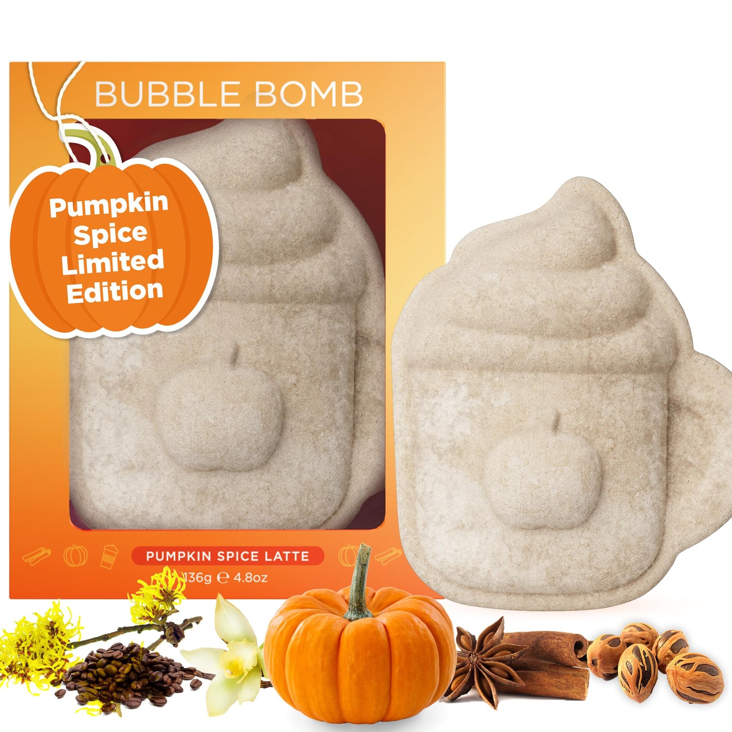 Pumpkin Spice Latte Bath Bomb for Women & Girls – Luxury Fall Bath Bombs (Giftable Packaging) - Natural & Relaxing Fall Gift - Vanilla, Cinnamon & Pumpkin Scented - Boo Basket Stuffers for Women