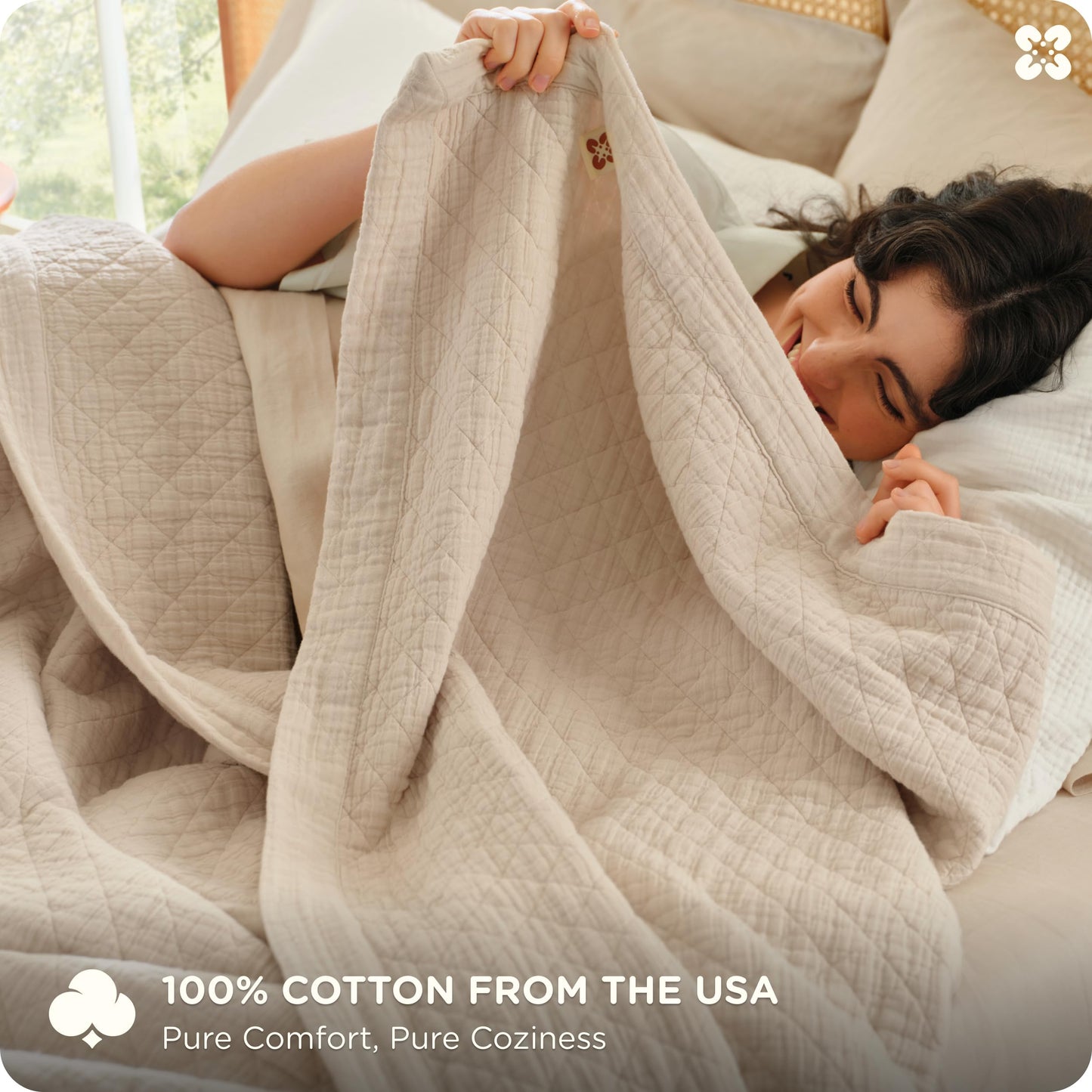 Bedsure 100% Cotton Muslin Blanket 8-Layer Queen, Breathable & Substantial Oeko TEX Gauze Bedding, PureWoven All-Season Moisture-Wicking Comfort, Softens After Wash, Linen Beige, 90"x90"