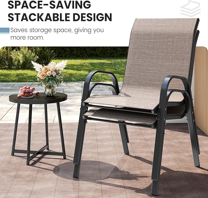 Patio Dining Chairs Set of 8, Outdoor High Stacking Chairs，Breathable Seat Fabric and Alloy Steel Frame for Backyard, Porch, Garden, Sunroom (Light Brown)