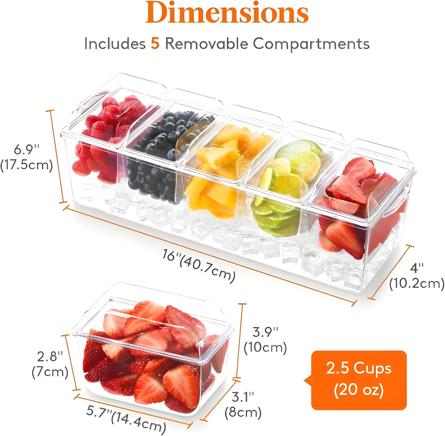 BLIVORRA 𝐋𝐚𝐫𝐠𝐞 Ice Chilled Condiment Containers with Lids with 5x 20oz (2.5 cup) Containers, Large Taco Bar Serving Set for a Party, Condiment Organizer with Removable Dishes│FREE ACCESSORIES│