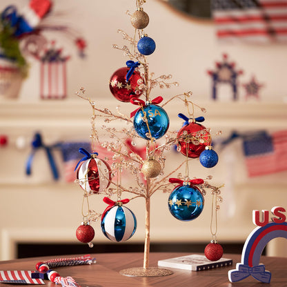 DN DECONATION 4th of July Tree Patriotic Decorations Red White and Blue Hanging Decor Balls with USA Stars & Glitter, Memorial Independence Day Decorations Party, Summer Gift 12 Pcs Shatterproof