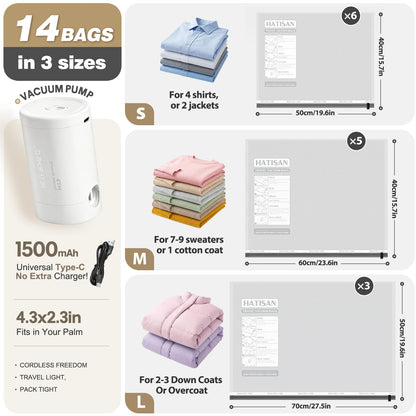 Vacuum Seal Bags for Clothing Travel with Rechargeable Electric Pump, Space Saver Vacuum Storage Bags Travel, Reusable Compression Bags for Luggage Home (14pcs Stripes)