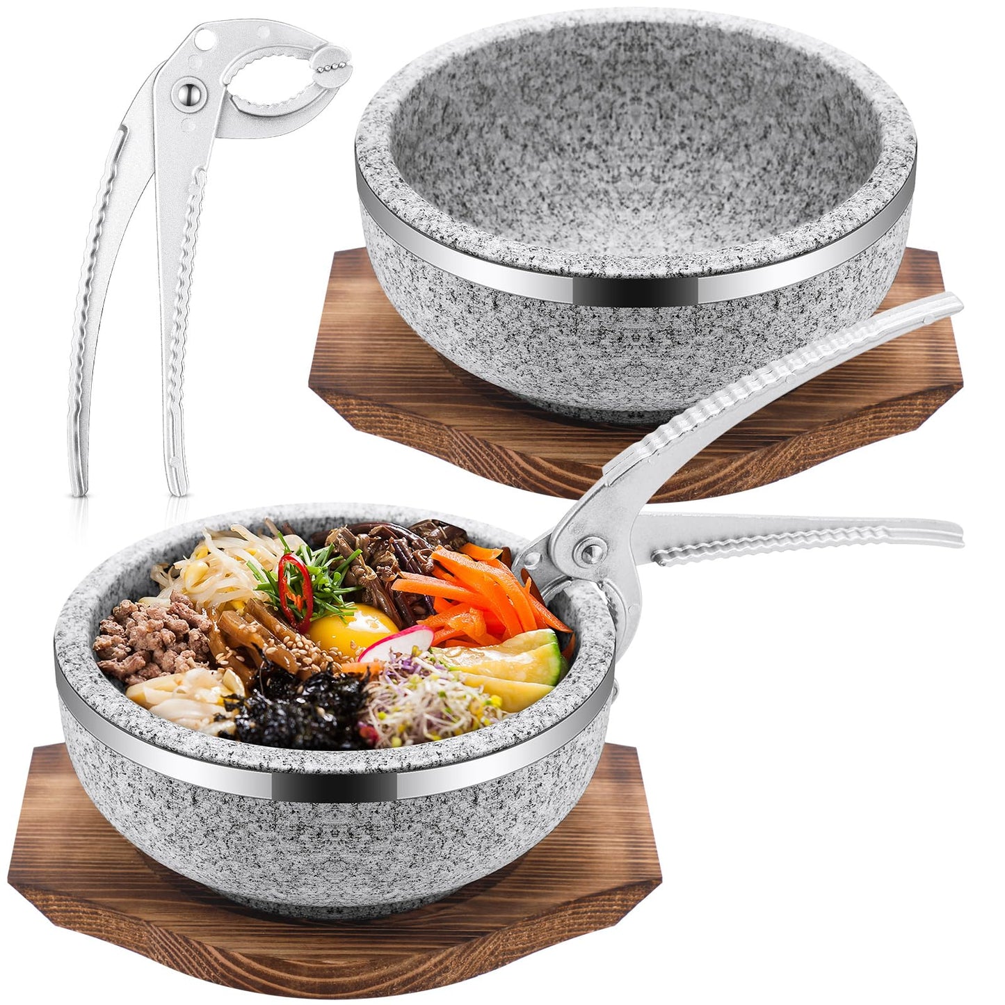 Lallisa 2 Set Dolsot Bibimbap Stone Bowl with Wood Base and Aluminum Tongs Dolsot Pot Stone Bowls Sizzling Hot Pot for Korean Restaurants, Soup, Rice, Stew(32 oz)