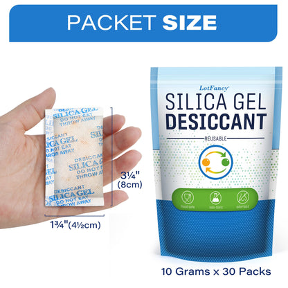 LotFancy Silica Gel Sachets 10g 30 Packs, Desiccant Bags Reusable Moisture Absorber for Food or Filament Storage