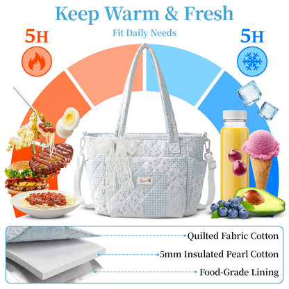 WOBAGMEN Quilted Lunch Box for Women,Insulated Lunch Tote Bag for Women for Work, Coquette Large Capacity Lunch Tote with Shoulder Straps, Elegant Lunch Purse for Office, Travel, Daily Use,Green Blue