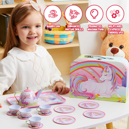 JOYIN Unicorn Tea Party Set for Little Girls, Pretend Pink Tin Teapot Set, Princess Tea Time Play Kitchen Toy with Teapot, Cup, Plate, Carrying Case for Kids Toddlers Age 3 4 5 6, Easter Birthday Gift