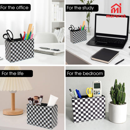 Checkered Pencil Box Desk Accessories for Office Decor, Desktop Pen Holder, Black White Racing Style Organizer Case Stand Cup Storage for Makeup Brush Study Table, with 2 Compartments, Sturdy Leather