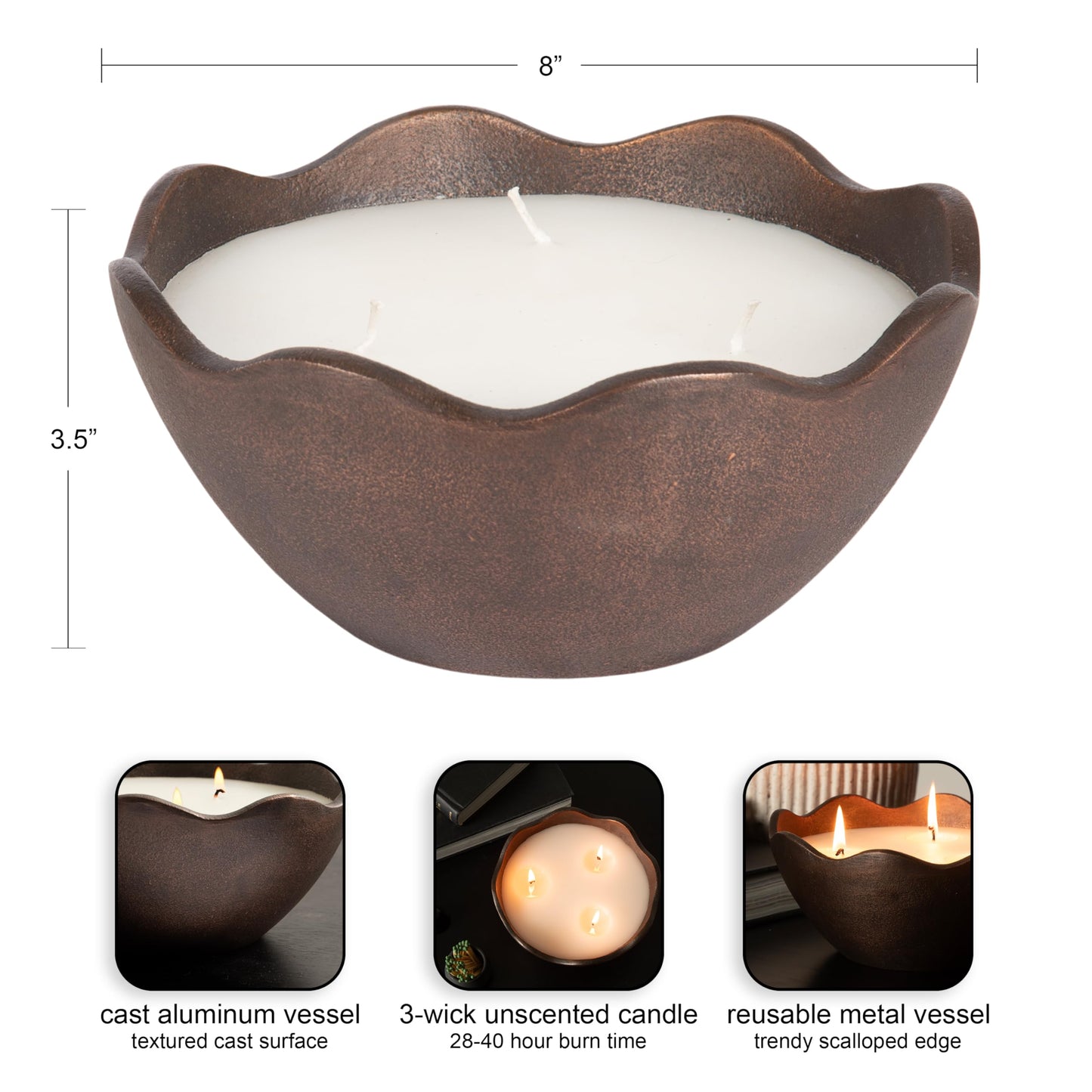 Kate and Laurel Alessia Scalloped Round Metal Candle Bowl, 8 Inch Diameter, Bronze, Modern Three-Wick Unscented Candle with Decorative Bowl for Living Room Decor