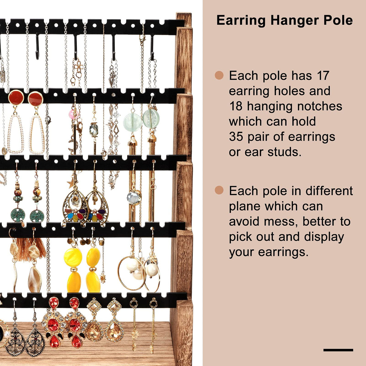 Pinzoveco Earring Organizer, 5 Layer Earring Holder Organizer with Necklace Holder Pole, Rustic Wood Jewelry Organizer Stand Display for Stud Earring Bracelet Necklace Ring, 175 Earring Holes