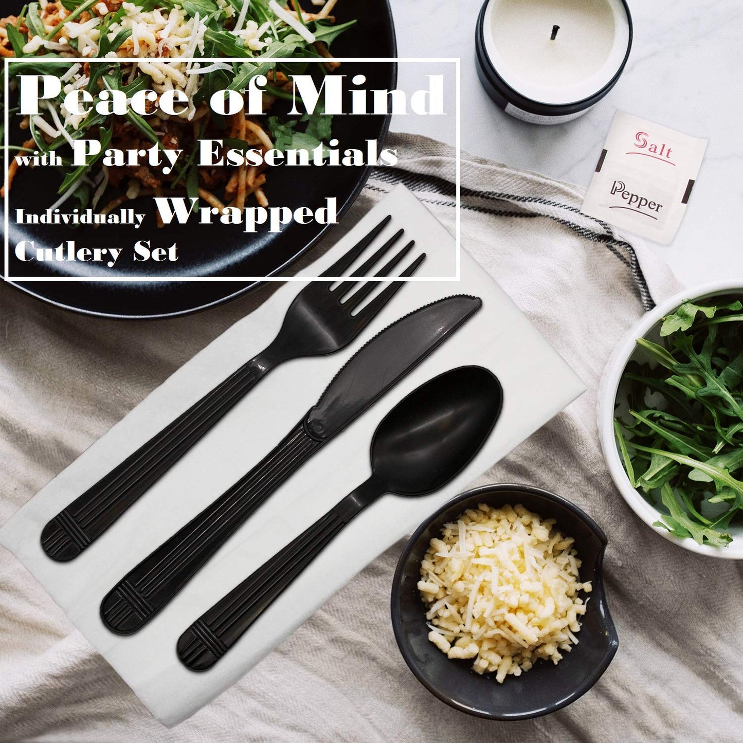 Party Essentials Individually Wrapped Plastic Cutlery Kits/Packets, Includes Heavy Duty Black Fork/Spoon/Knife/Napkin/Salt/Pepper, 250 Sets