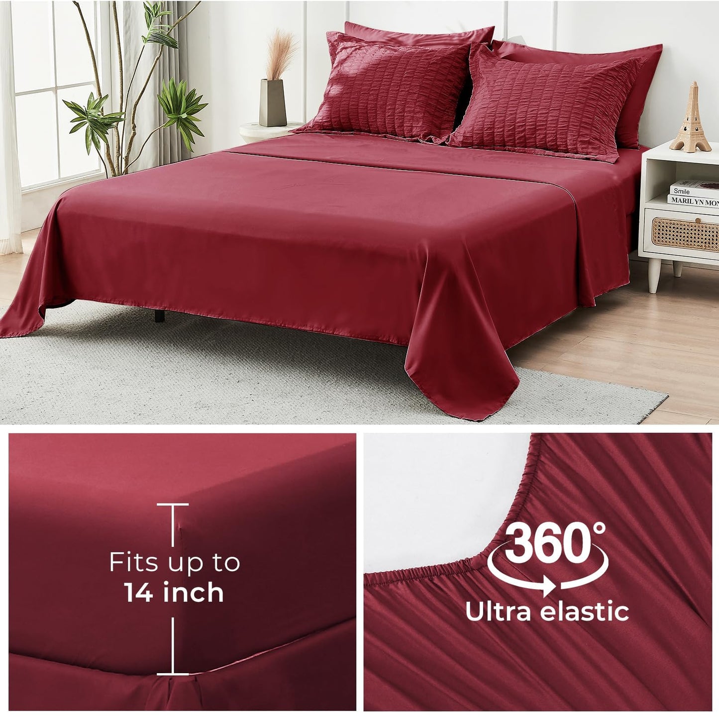 HYMOKEGE Burgundy Full Size Comforter Sets Seersucker 7 Pieces, All Season Luxury Bed in a Bag for Bedroom, Bedding Set with Comforters, Sheets, Pillowcases & Shams