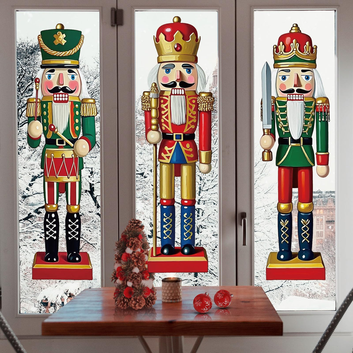 JarThenaAMCS 3 Sheets Christmas Window Clings Xmas Nutcracker Soldiers Extra Large Reusable Window Decals for Winter Holiday Home School Office Glass Decor