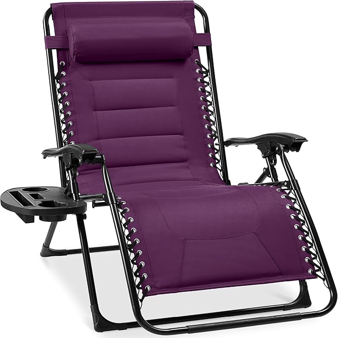 Best Choice Products Oversized Padded Zero Gravity Chair, Folding Outdoor Patio Recliner, XL Anti Gravity Lounger for Backyard w/Headrest, Cup Holder, Side Tray, Polyester Mesh - Amethyst Purple