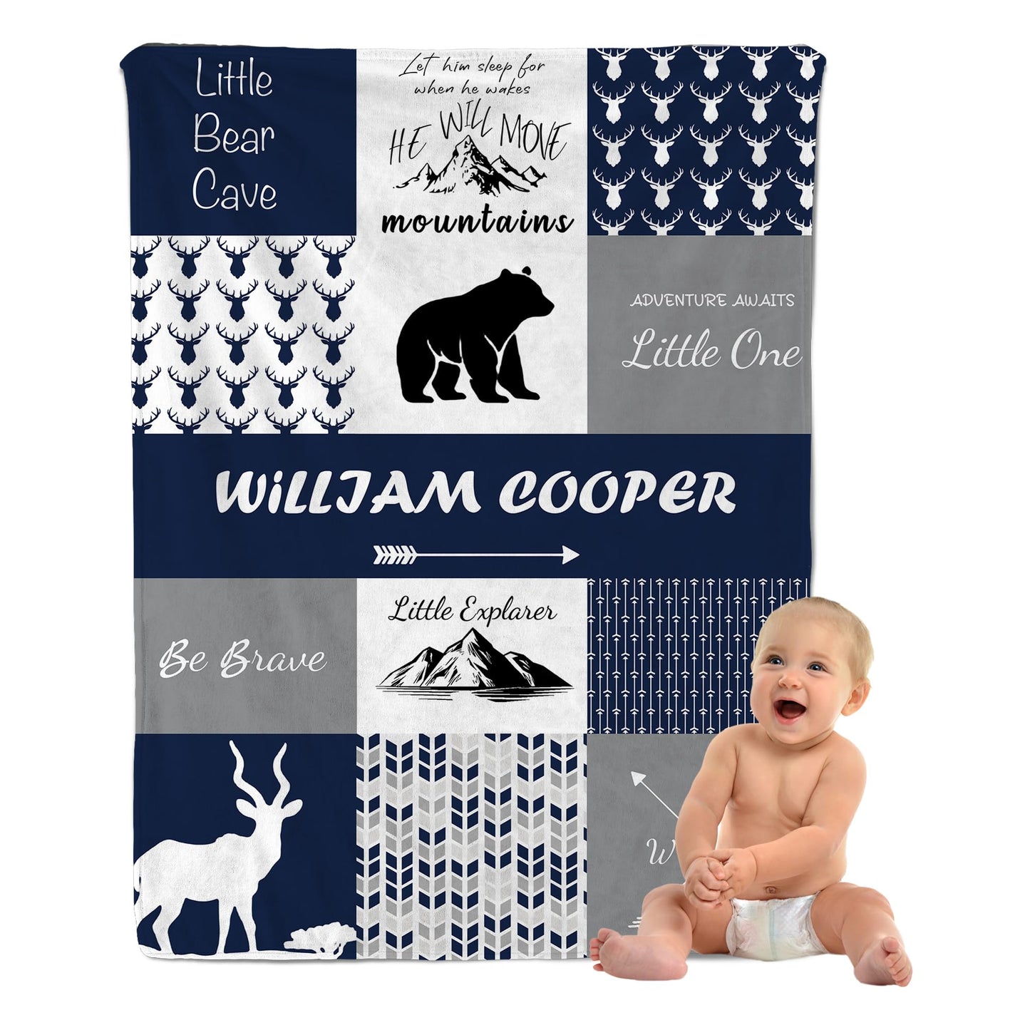 Personalized Baby Blankets for Boys, Custom Woodland Kids Blanket with Name, Soft Throw Receiving Blankets for Newborn Nursery, Customized Baby Shower Christmas Birthday Gifts