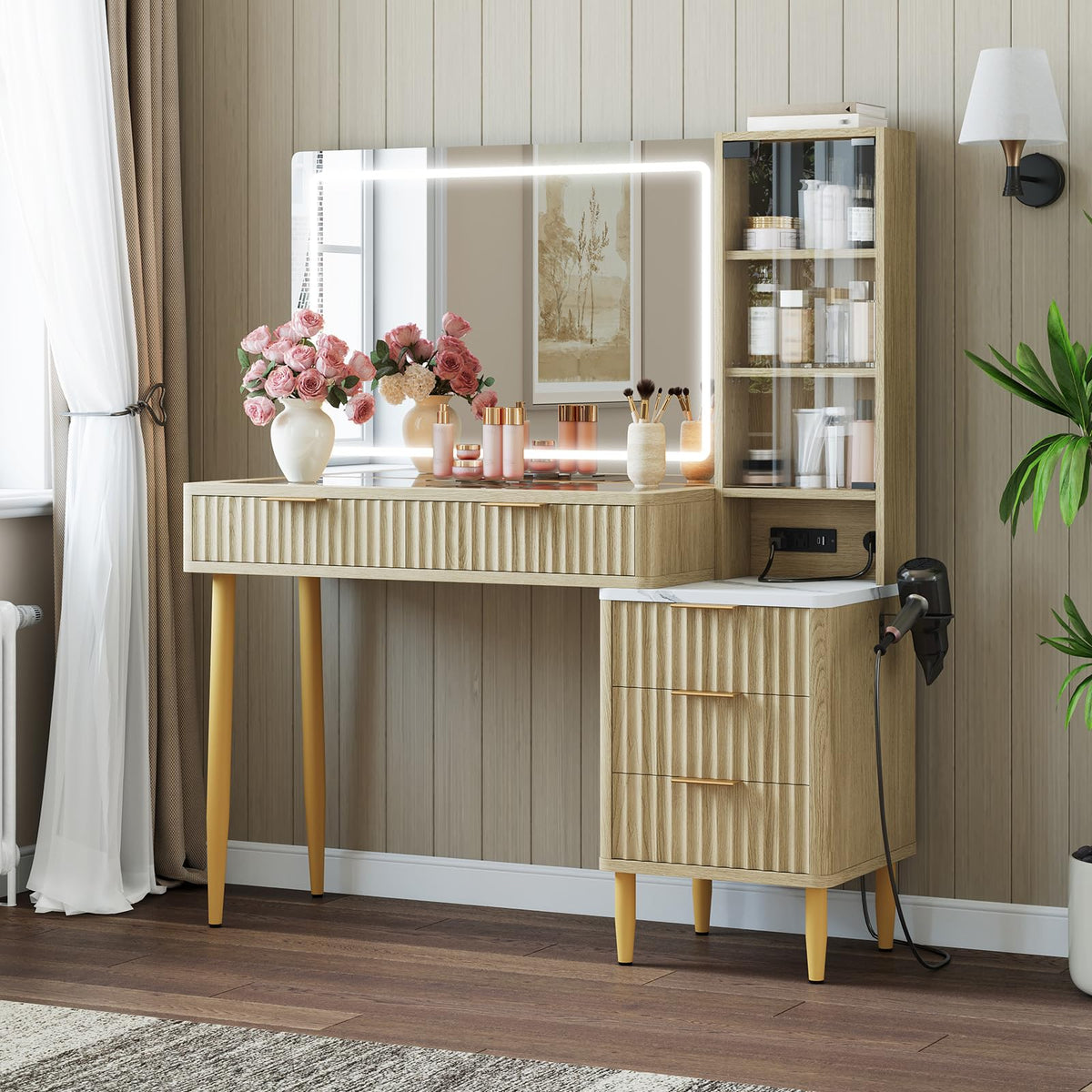 MilleLoom Makeup Vanity Desk with Lights, Fluted Wooden Dressing Table with 5 Drawers and Adjustable Shelves, Makeup Vanity Table Modern Glass Top with Charging Station for Bedroom (Oak)