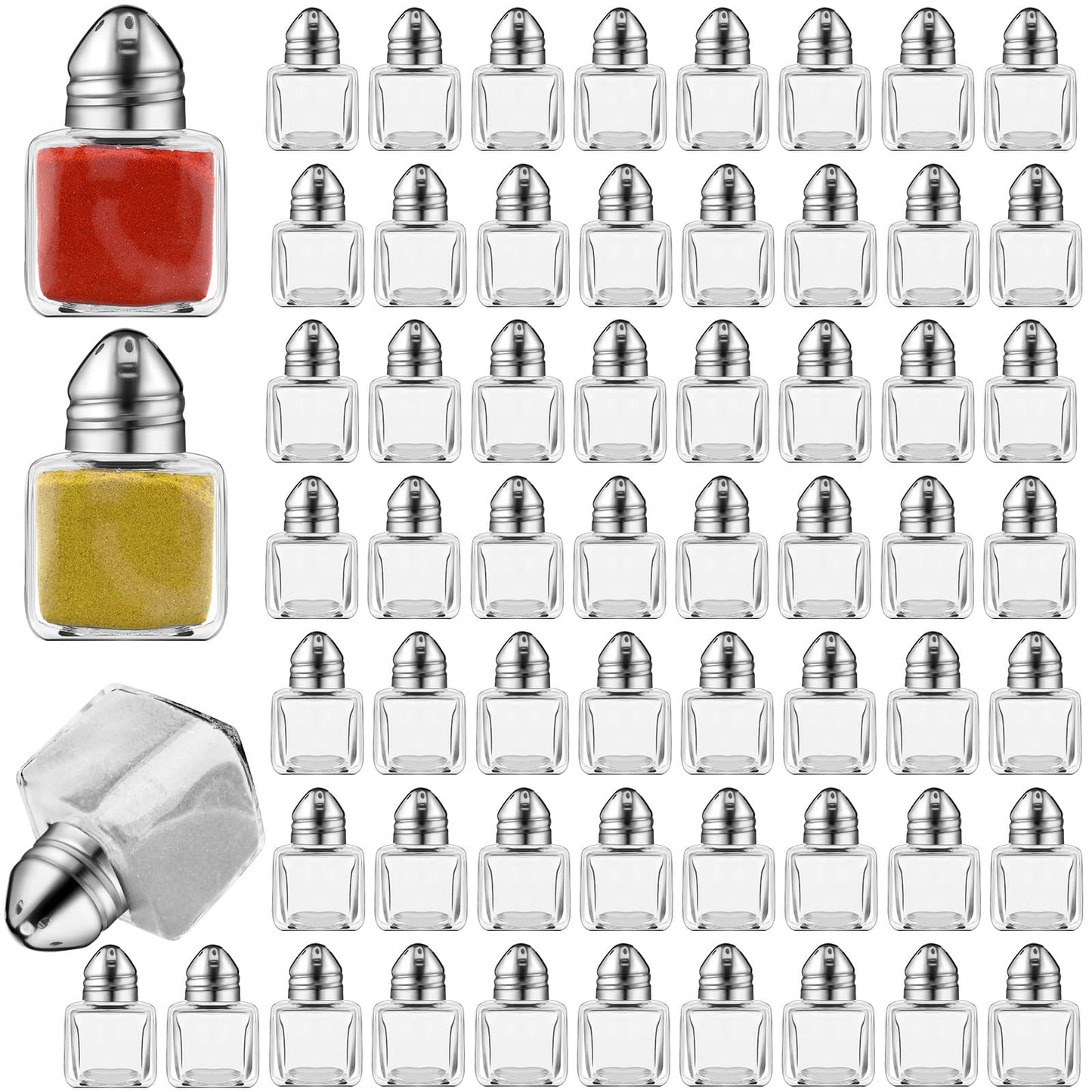 Mimorou 100 Pack Mini Salt and Pepper Shakers Bulk 0.5 Oz, Small Cube Glass Spice Shaker Mini Shaker Container with Stainless Steel Lid for Wedding Restaurant Party Supplies(Sliver)