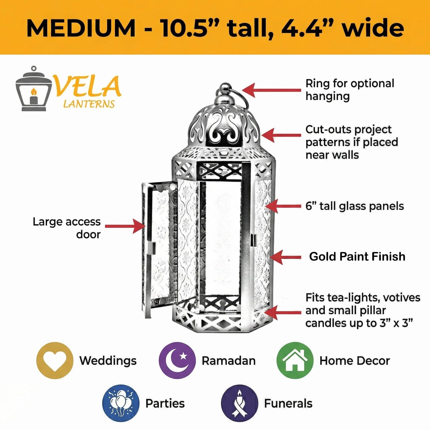 Vela Lanterns Decorative Indoor Moroccan Candle Holders, Gold, M, 2-Pack