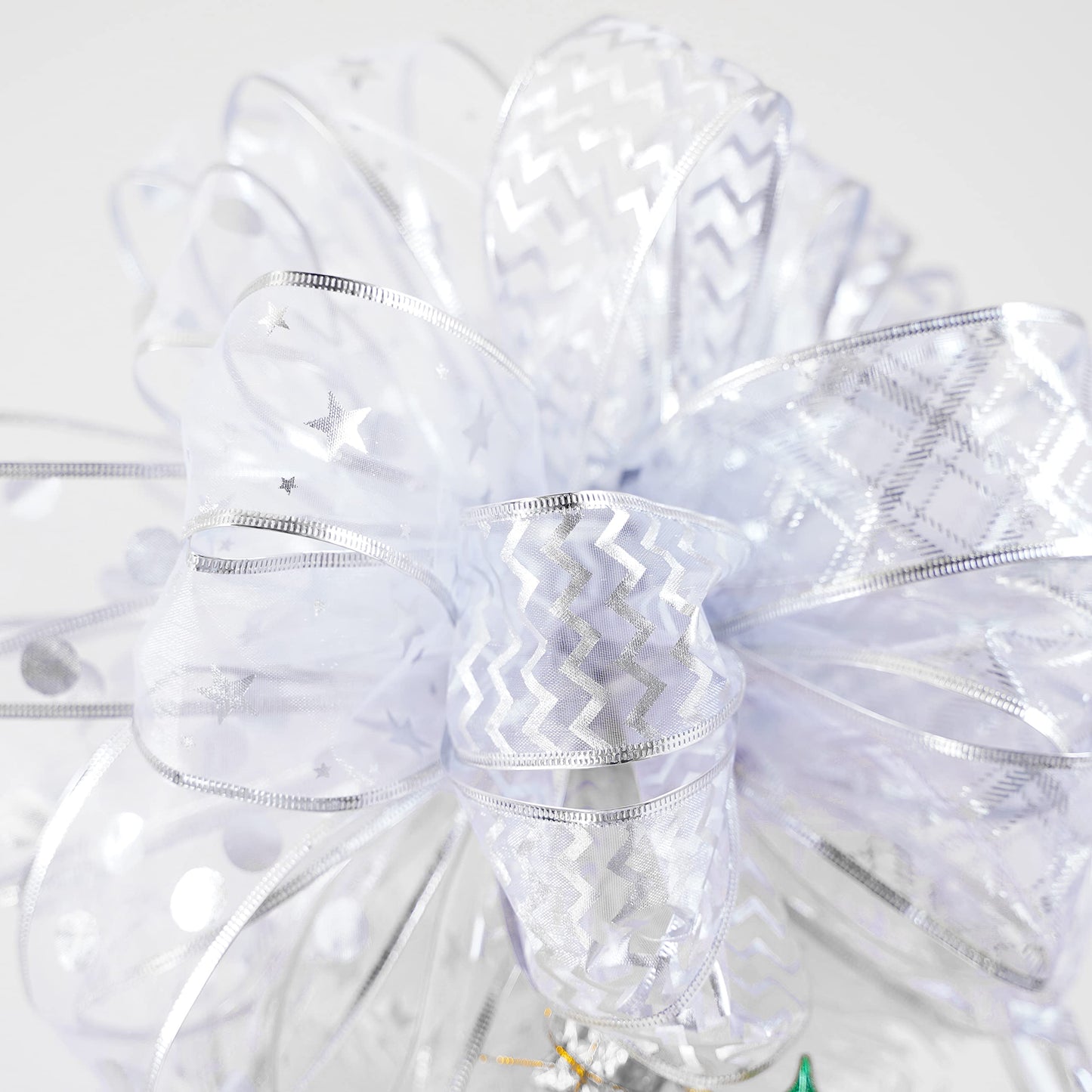 MEEDEE Silver Wired Ribbon for Christmas Tree Decoration - 2.5 Inch, 6 Rolls, 36 Yards - Garland Set for Topper and Bow Making