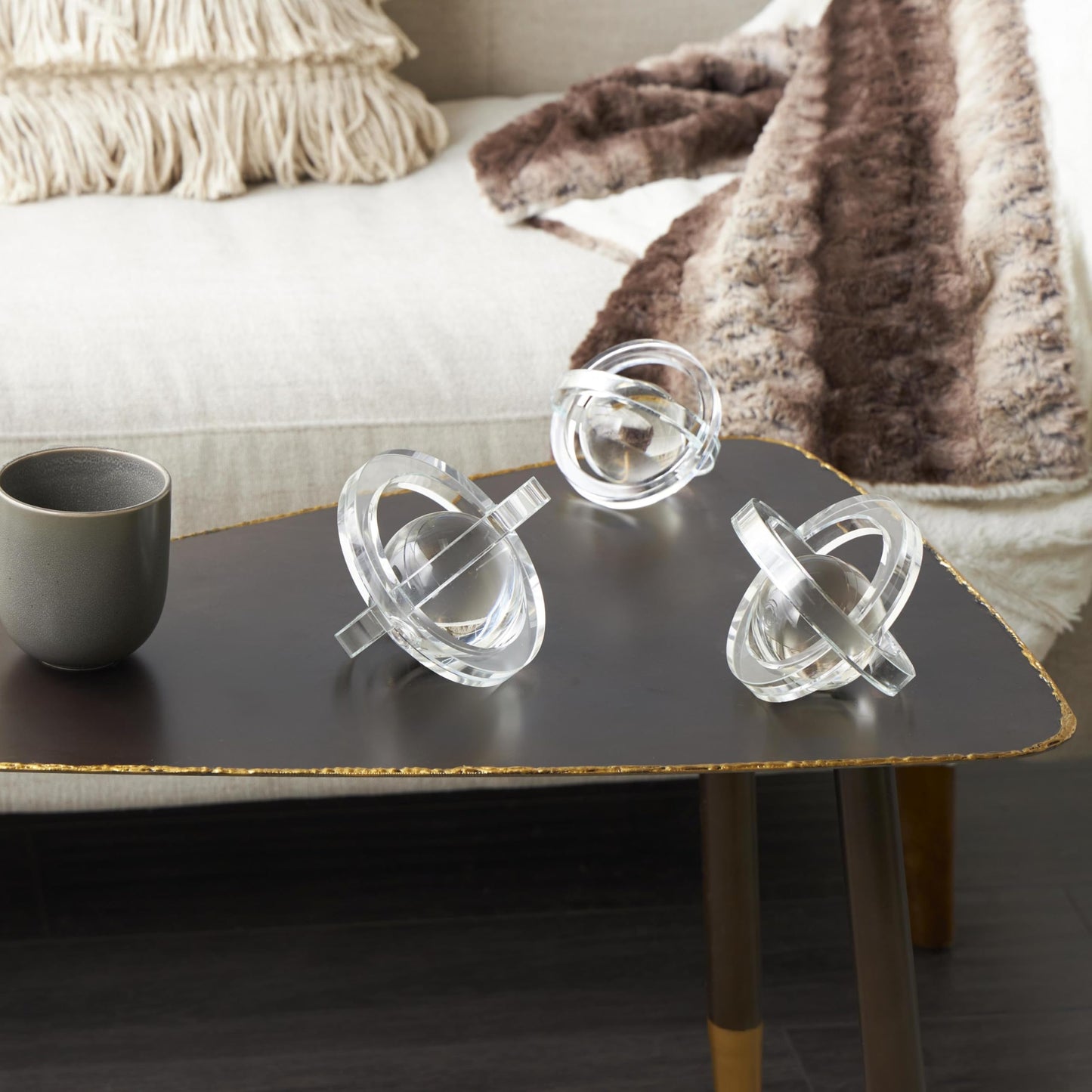 Deco 79 Glass Geometric Decorative Sculpture Orb Home Decor Statues with Overlapping Rings and Ball Center, Set of 3 Accent Figurines 4", 4", 3" H, Clear