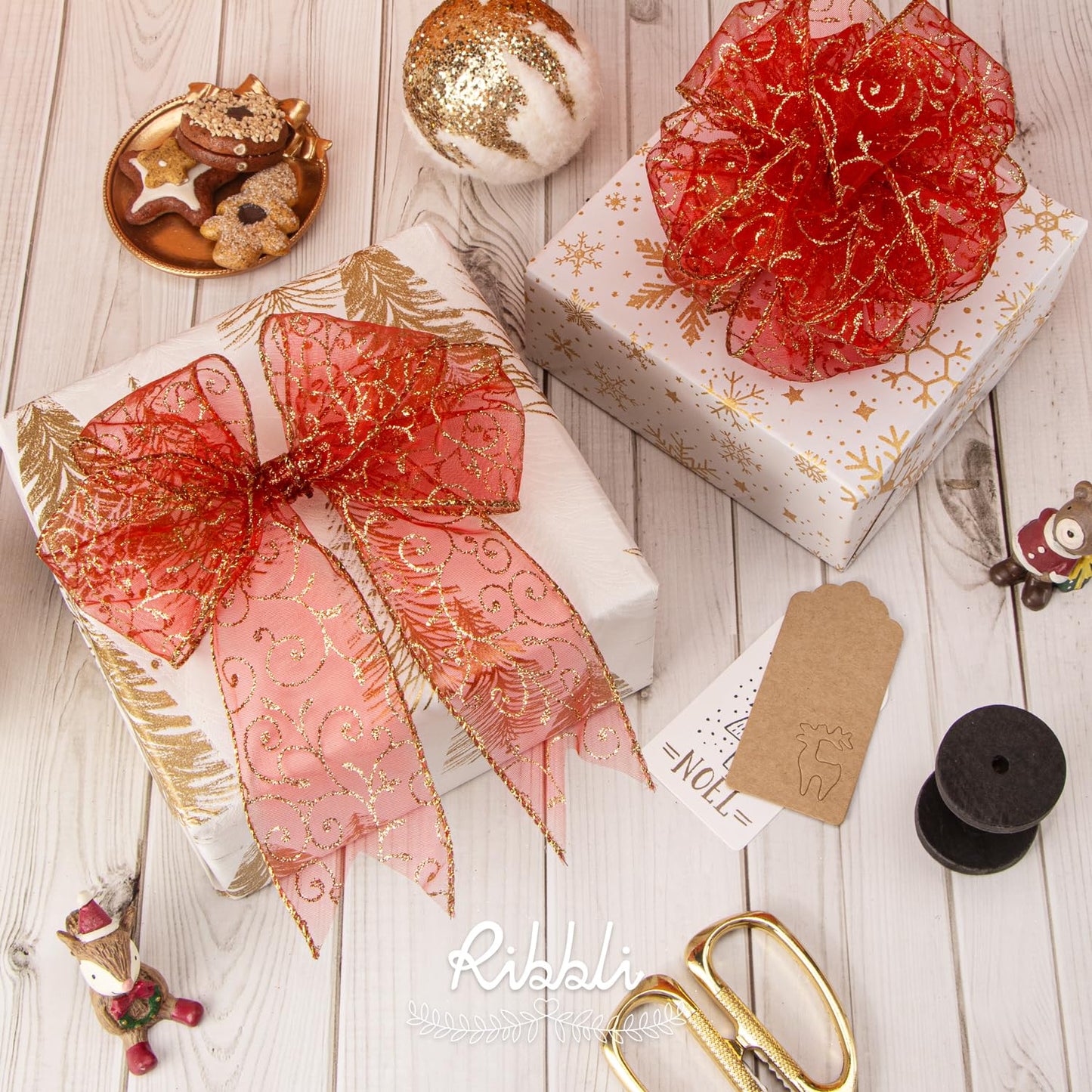 Ribbli Swirl Glitter Wired Ribbon, Red Organza Sheer with Gold Glitter Swirl Pattern and Gold Metallic Edge,2-1/2Inch x 10Yards Christmas Ribbon for Tree Decoration