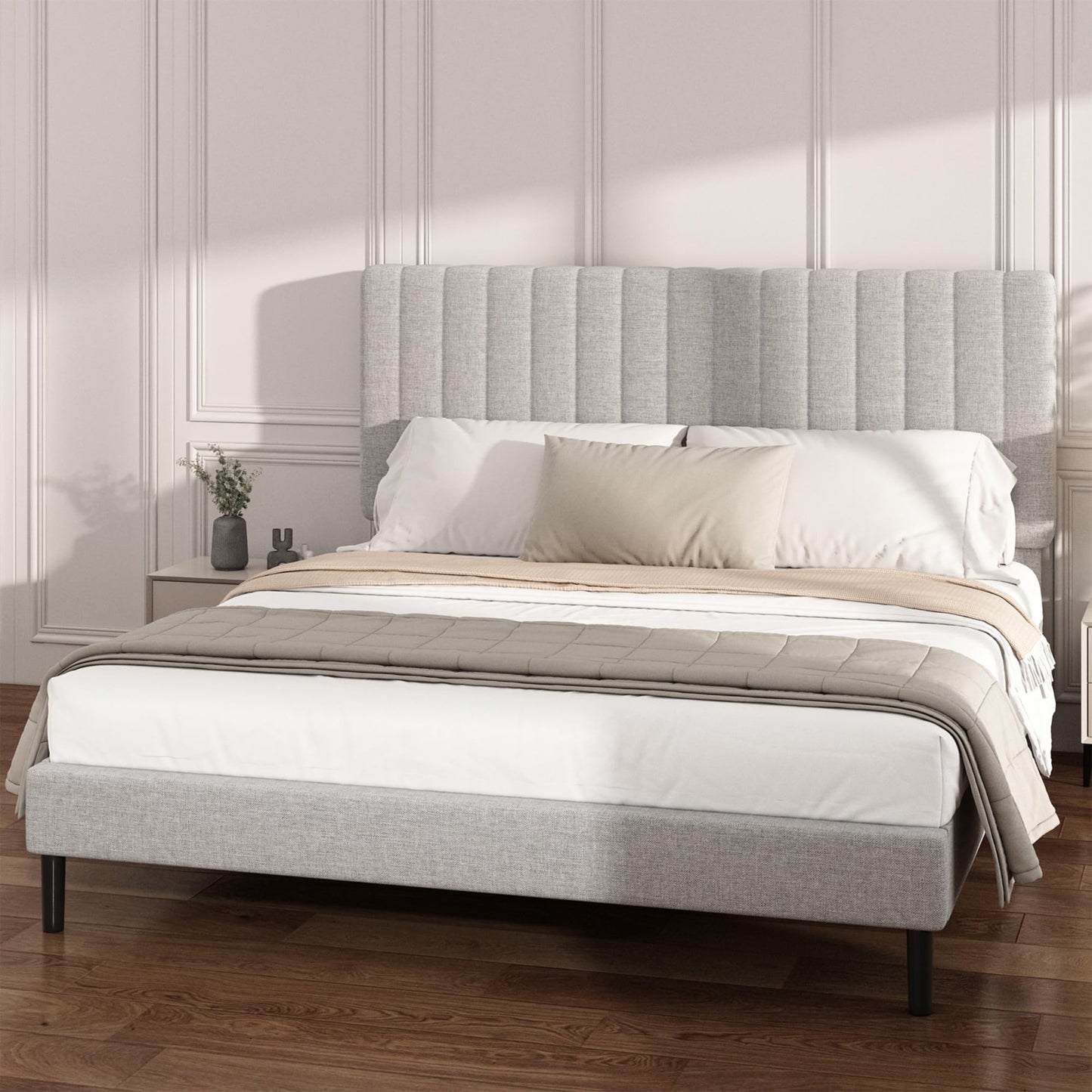 Mxhtcewz Queen Size Platform Bed Frame with Vertical Channel Tufted Headboard, No Box Spring Needed, Noise-Free, Easy Assembly, Light Grey Linen