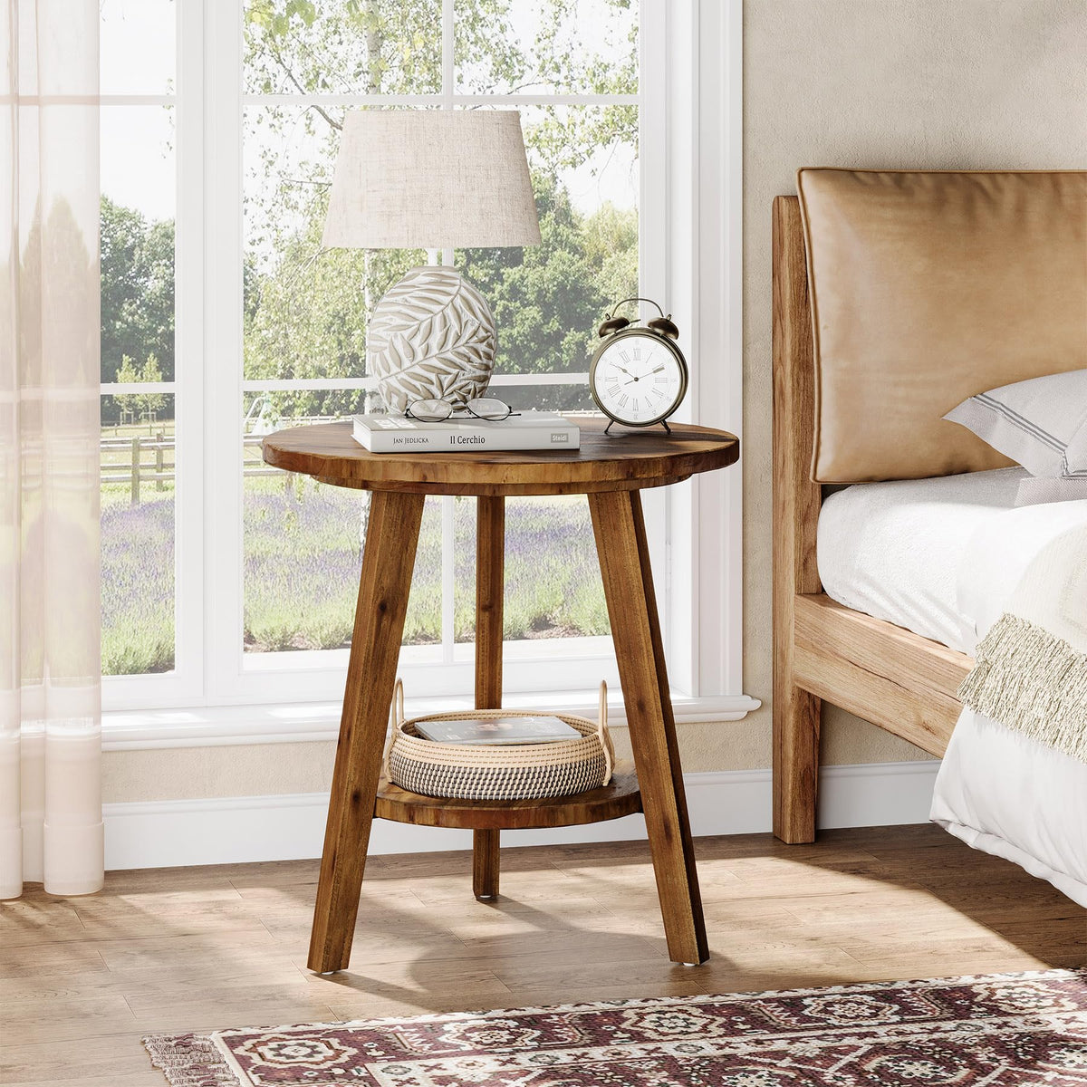 TRIBEWOOD Solid Wood Round End Table, Sofa Side Table with Storage Shelf, Farmhouse Nightstand for Living Room, Bedroom, Easy Assembly (1)