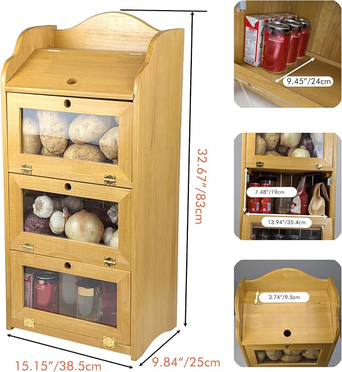 ARTAWEIN Onion and Potato Storage Bin Box Farmhouse Fruit and Vegetable Storage Small Food Kitchen Pantry Cabinet for Snack Large Bread Box for Homemade Bread Black Potato Bins