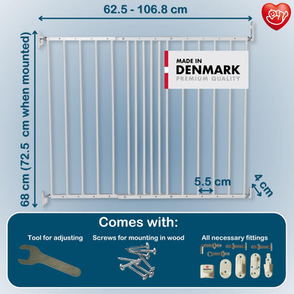 BabyDan MultiDan, 62.5-106.8 cm, Extendable Stair Gate/Baby Gate/Safety Gate, Metal, White, Made in Denmark - (Pet Gate/Dog gate)