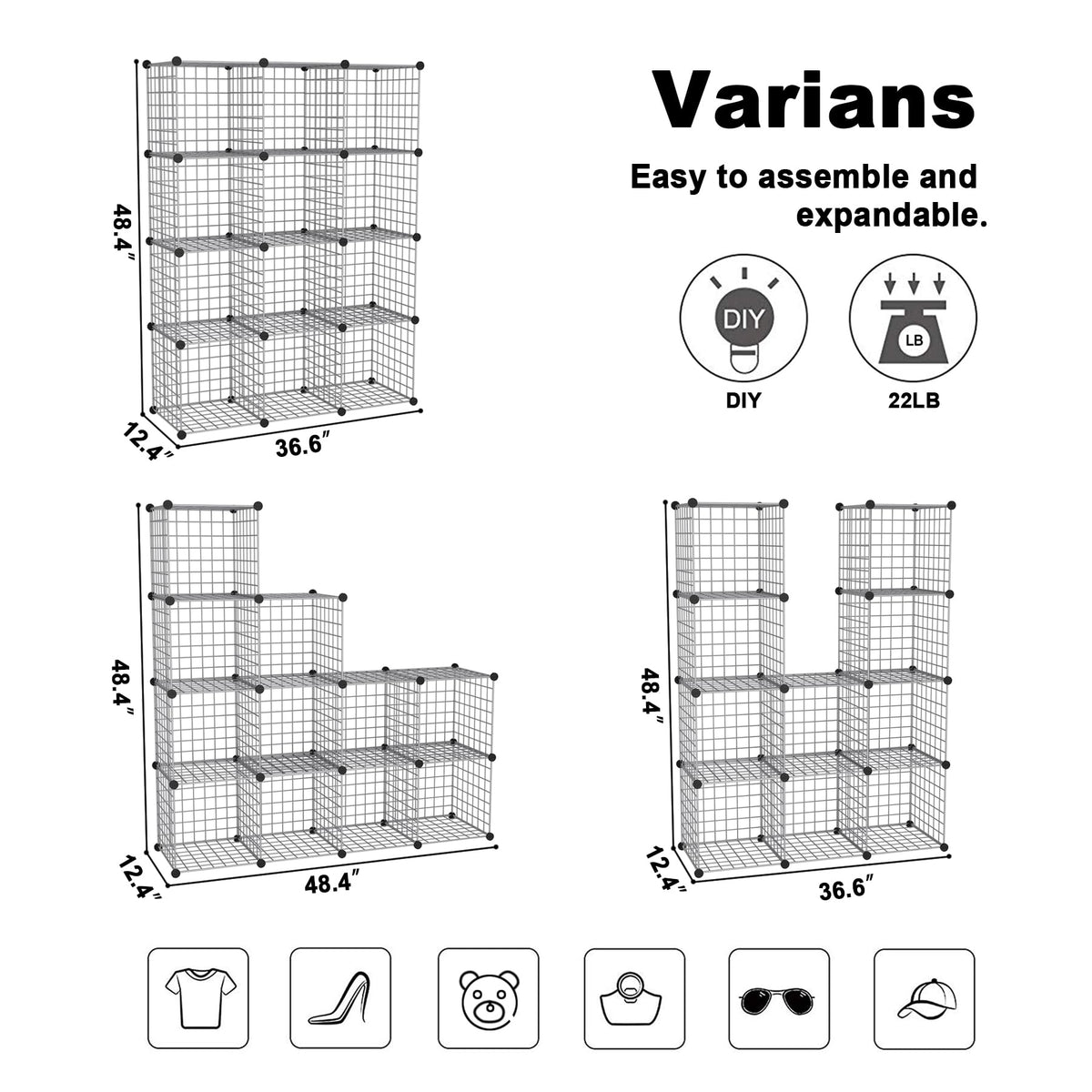 C&AHOME Wire Cube Storage, 12 - Cube Organizer Metal C Grids, Modular Shelves Units, Closet Organizer, Ideal for Home, Office, Living Room, 36.6”L x 12.4”W 48.4”H, Silver Gray UWCS3012G