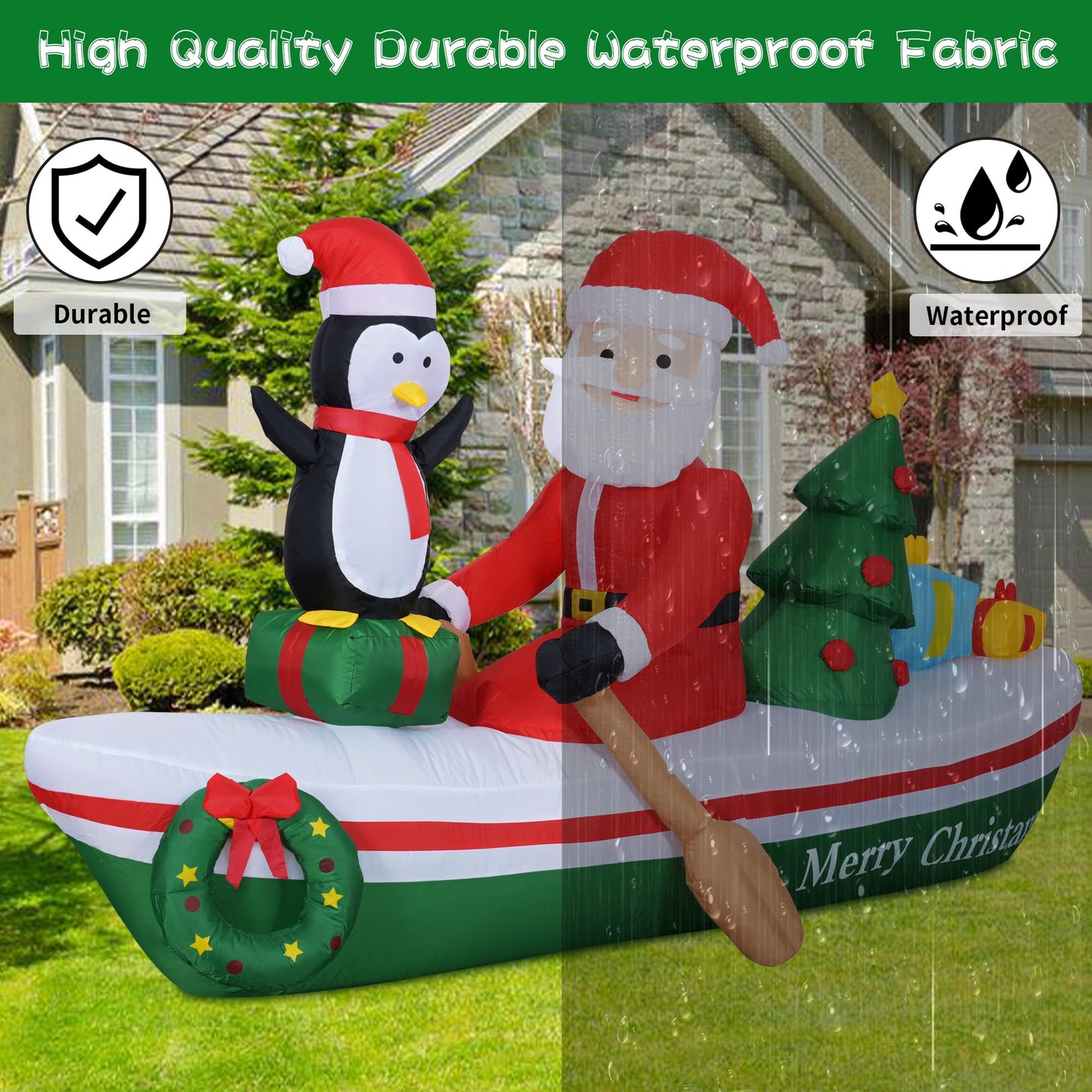 Double Couple 7FT Christmas Inflatable Santa Rowing Boat with Penguin/Christmas Tree/Gifts/Garlands Xmas Blow Up with Build-in LEDs Lights for Outside Indoor Party Garden Lawn