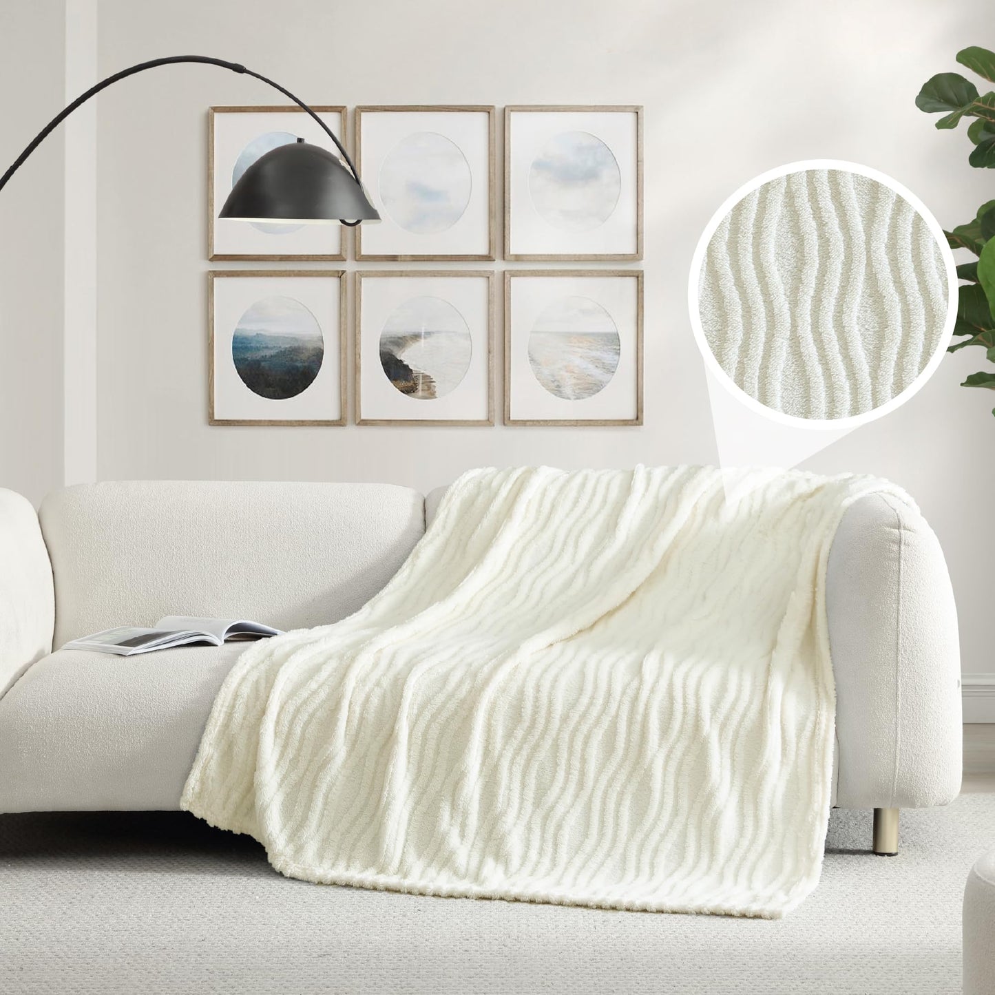 Cozy Ultra Soft Patterned Jacquard Plush 50" x 70" Throw Blanket, Fuzzy Blanket for Bedroom Living Room Sofa Couch, Lightweight & Warm for All Seasons, Machine Washable, Wave, Coconut Milk
