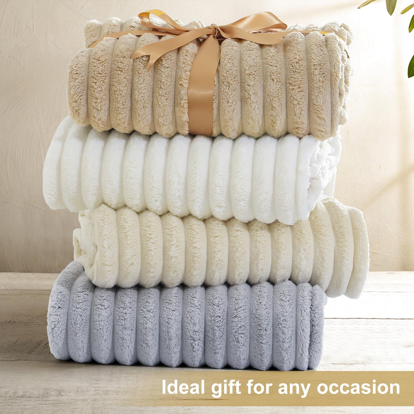 decorUhome Soft Fleece Light Brown Throw Blanket for Couch, Cozy Fluffy Plush Flannel Striped Blanket for Sofa Bed, Lightweight Decorative Ribbed Fuzzy Blanket for Woman, 50x60 Inches