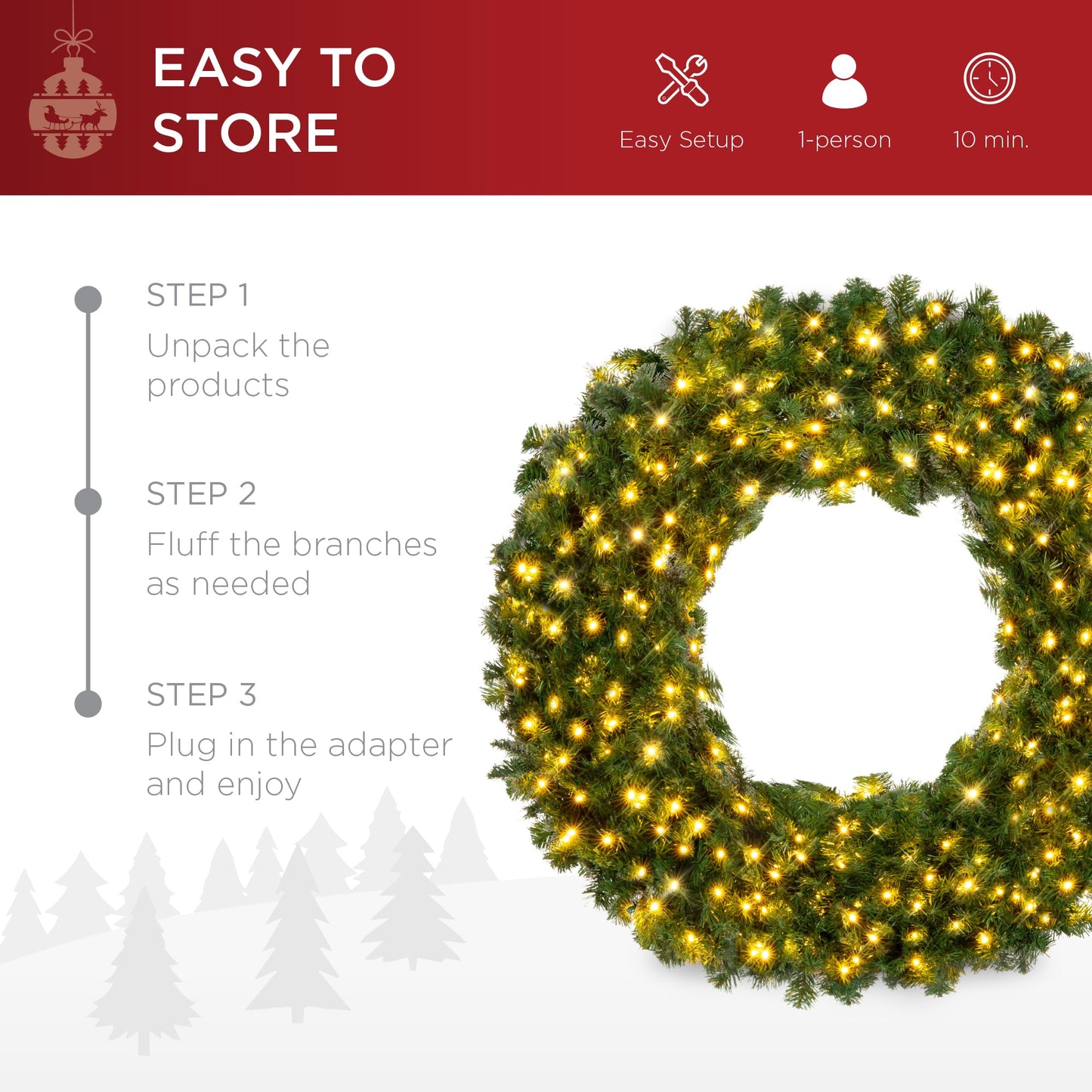 Best Choice Products 30in Large Artificial Pre-Lit Fir Christmas Wreath Holiday Accent Decoration w/ 100 LED Lights, 220 PVC Tips