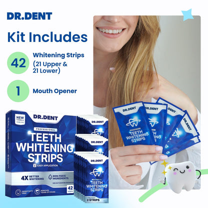 DRDENT Professional Teeth Whitening Strips 21 Treatments - Safe for Enamel - Non Sensitive Teeth Whitening - Whitening Without Any Harm - Pack of 42 Strips + Mouth Opener Included