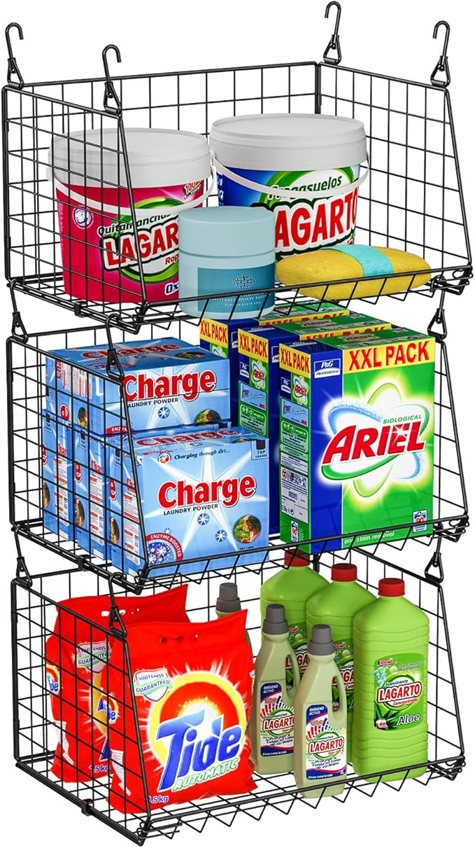 3-Pack Hanging Laundry Room Organizaton：Foldable Laundry Basket Wire Basket