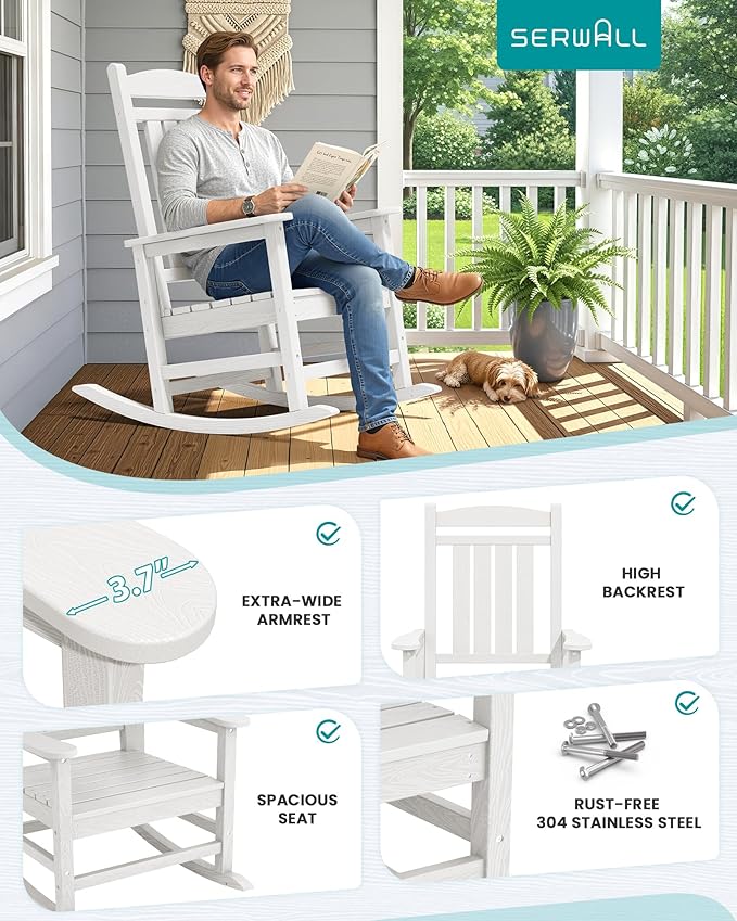 SERWALL Oversized Outdoor Rocking Chair, All-Weather Patio Rocking Chair, HDPE Porch Rocker for Adults, White