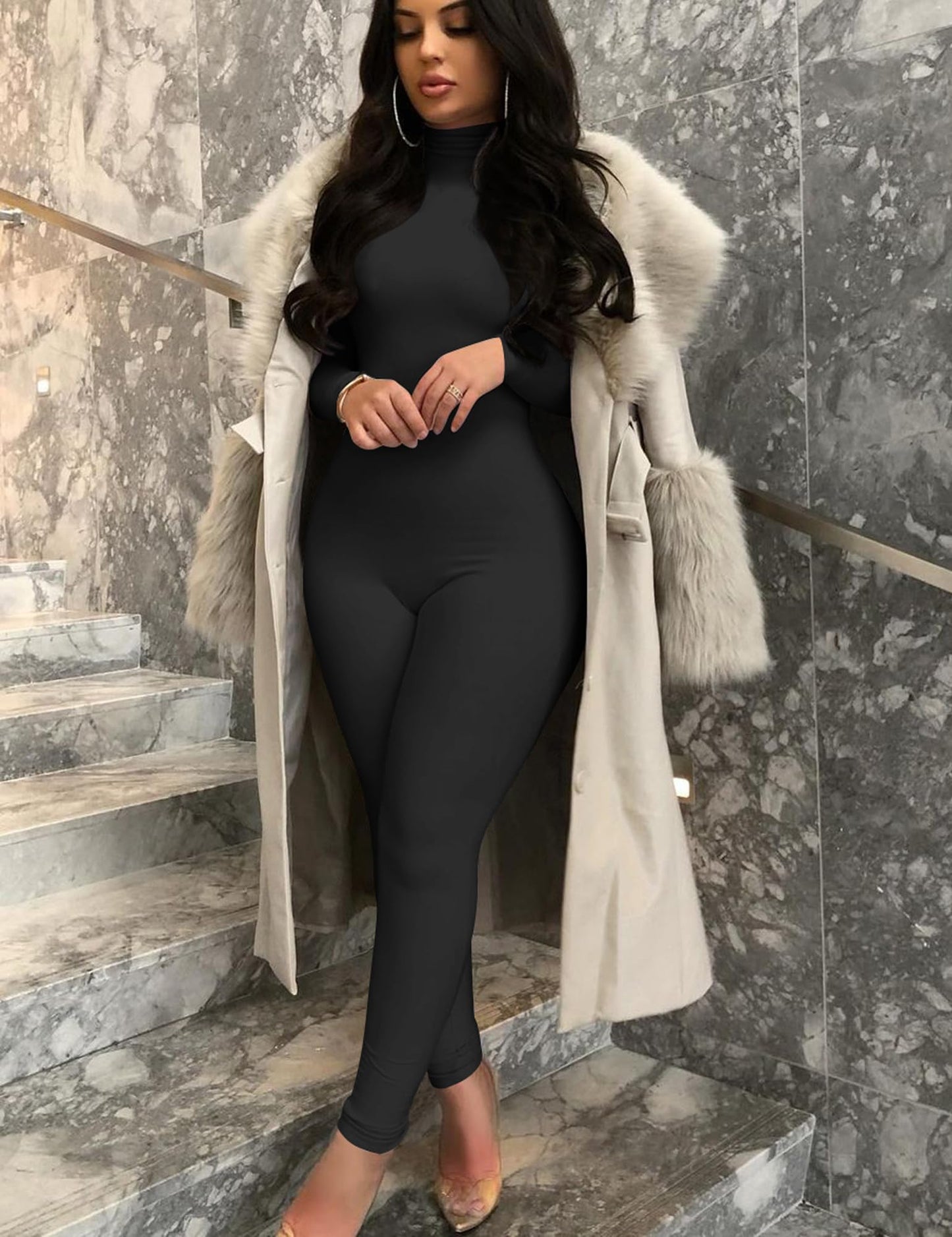 BORIFLORS Long Sleeve Jumpsuit for Women Sexy Turtleneck One Piece Bodycon Rompers Clubwear, Medium, Black