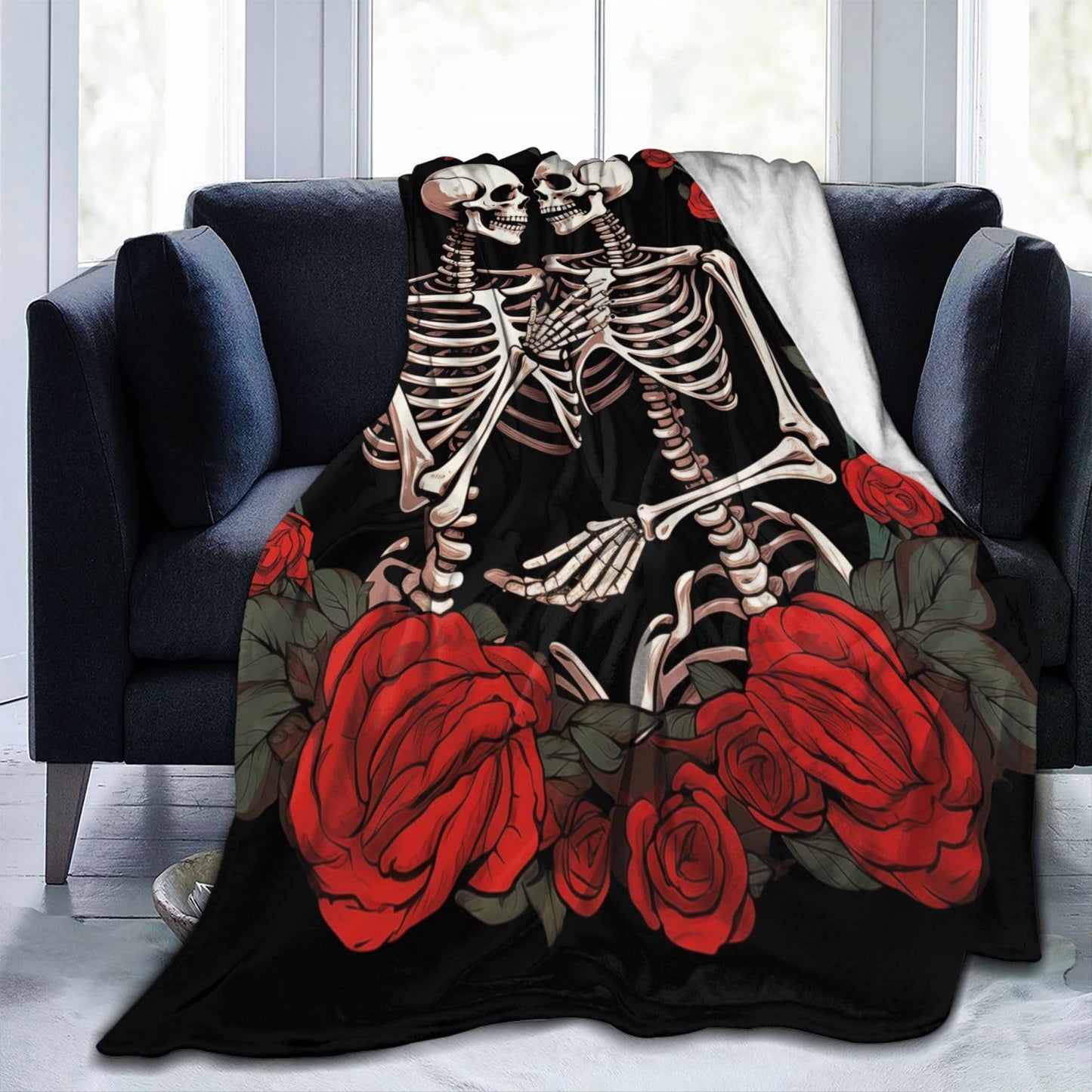 amepay Skull Lover Rose Flower Blanket Gifts for Adults Women Men Skeleton Tarot Flannel Throw Blankets Soft Fuzzy Lightweight for Home Decor Couch Bed Sofa 50x40 Inches