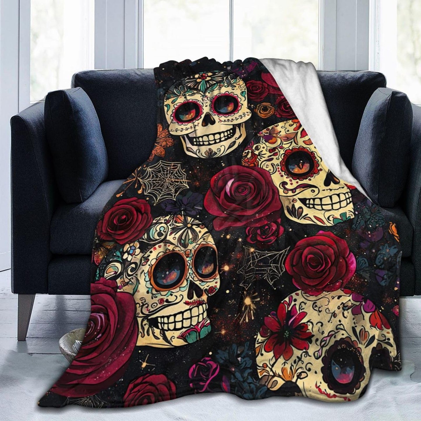 Skull Blanket Gothic Rose Flower Soft Flannel Blanket for Couch or Room Decor 60"x50"