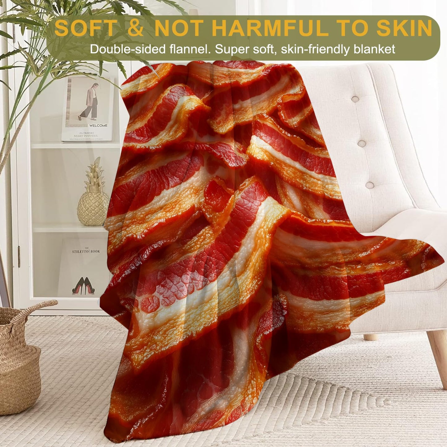 ainori Bacon Lover's Flannel Blanket - Realistic Bacons for Food Enthusiasts Throw - Soft Cozy Blankets for Quirky Kitchen Decor, Foodie Gifts, and Fun Home Accents 50x60in